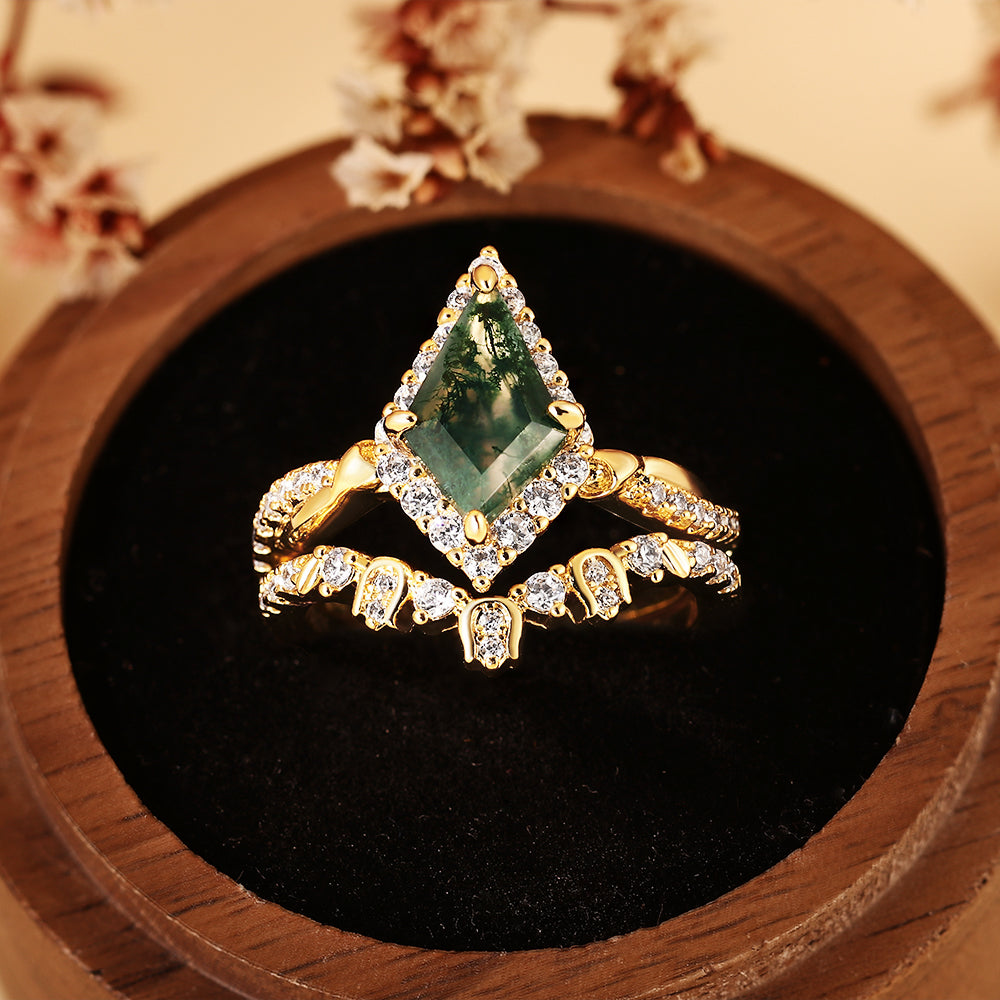 Unique Kite Moss Agate Bridal Ring Set, Halo Engagement Ring with Crown Band