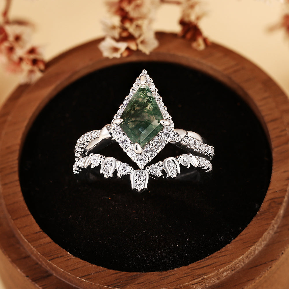 Unique Kite Moss Agate Bridal Ring Set, Halo Engagement Ring with Crown Band