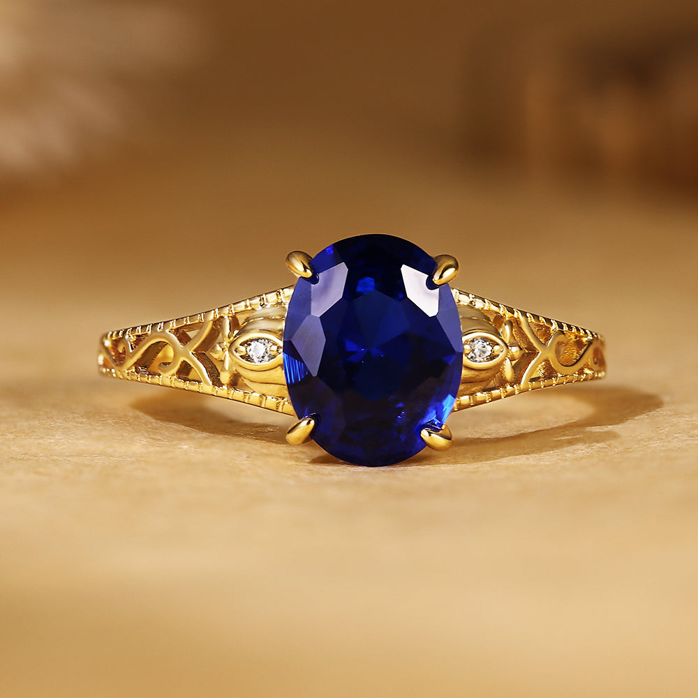 2.94Ct Oval Cut Blue Sapphire Engagement Ring with Vintage Filigree Band