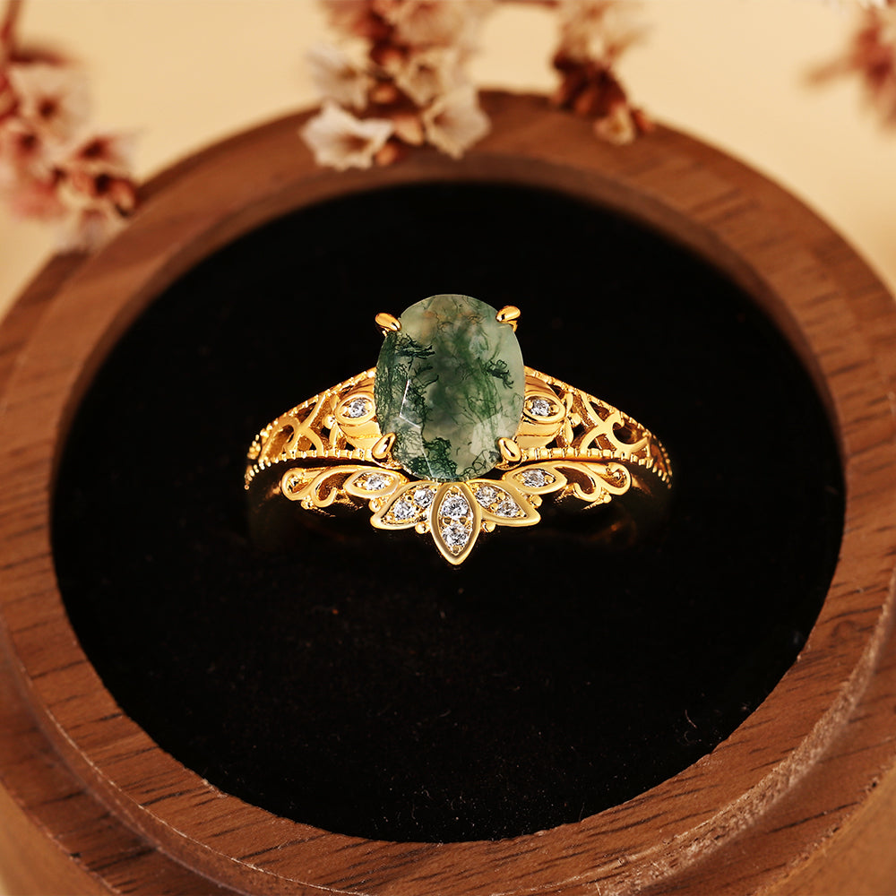 Oval Cut Moss Agate Bridal Ring Set, Vintage Filigree Ring with Matching Band