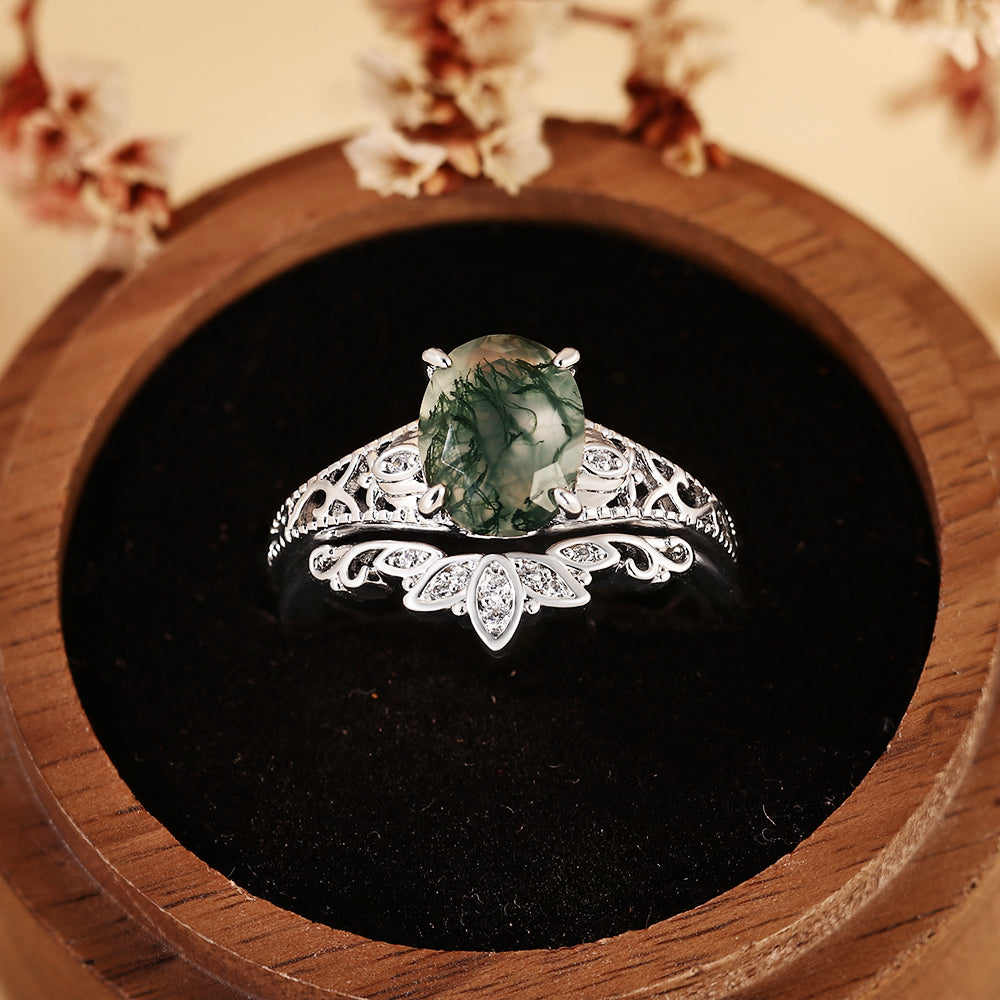 Oval Cut Moss Agate Bridal Ring Set, Vintage Filigree Ring with Matching Band