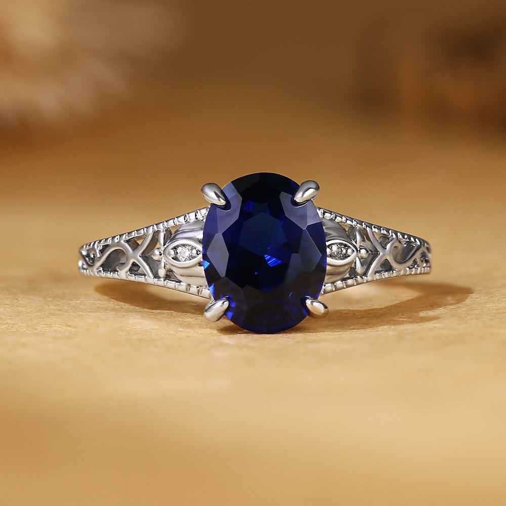 2.94Ct Oval Cut Blue Sapphire Engagement Ring with Vintage Filigree Band