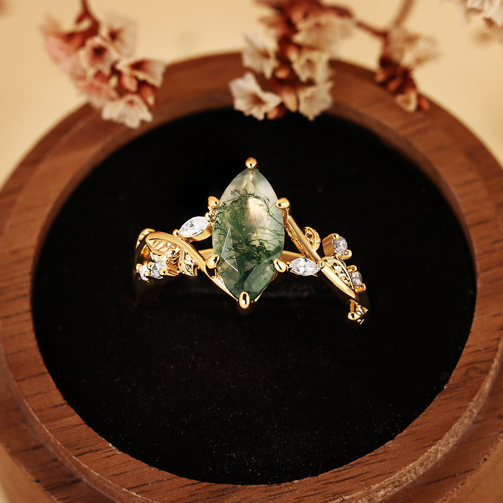 Marquise Cut Moss Agate Engagement Ring, Nature Inspired Leaf Vine Ring
