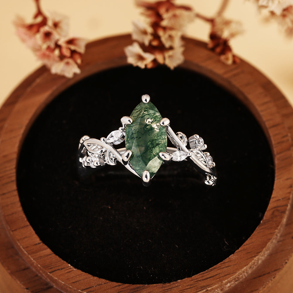 Marquise Cut Moss Agate Engagement Ring, Nature Inspired Leaf Vine Ring
