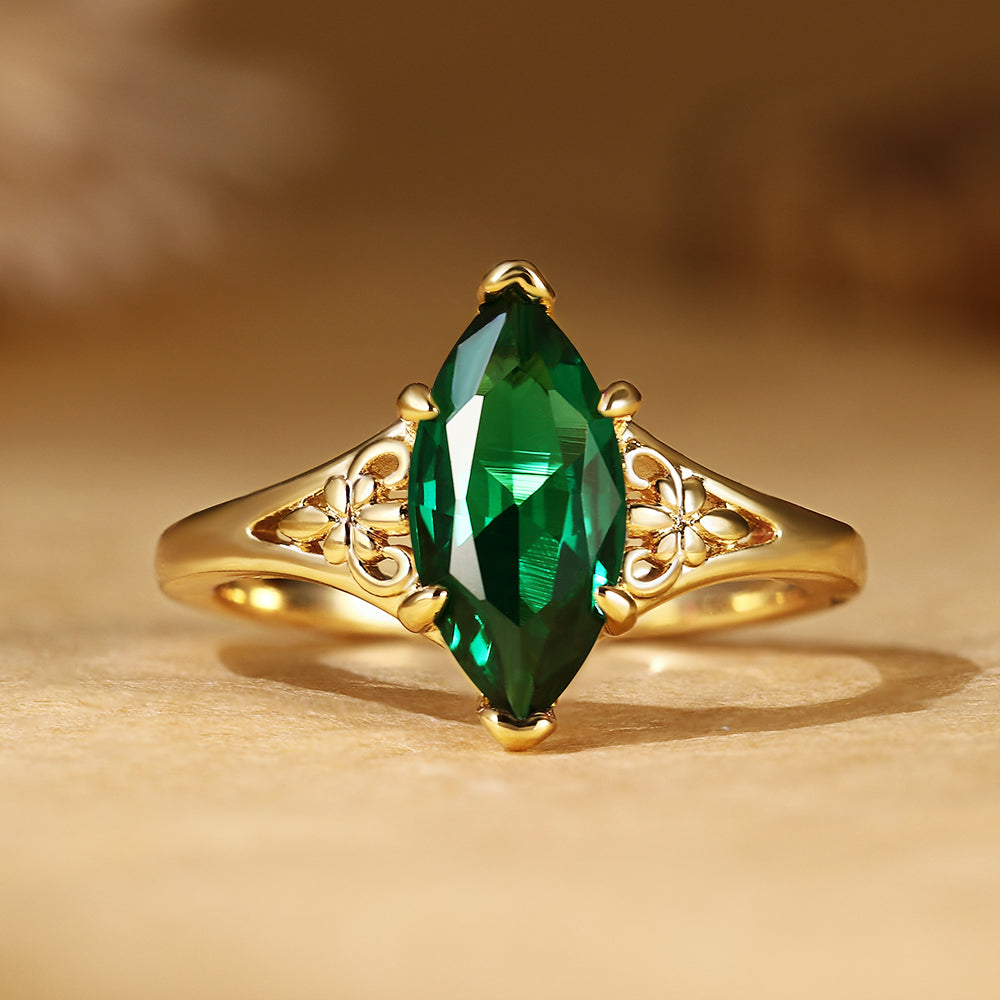 Vintage Marquise Cut Emerald Filigree Engagement Ring