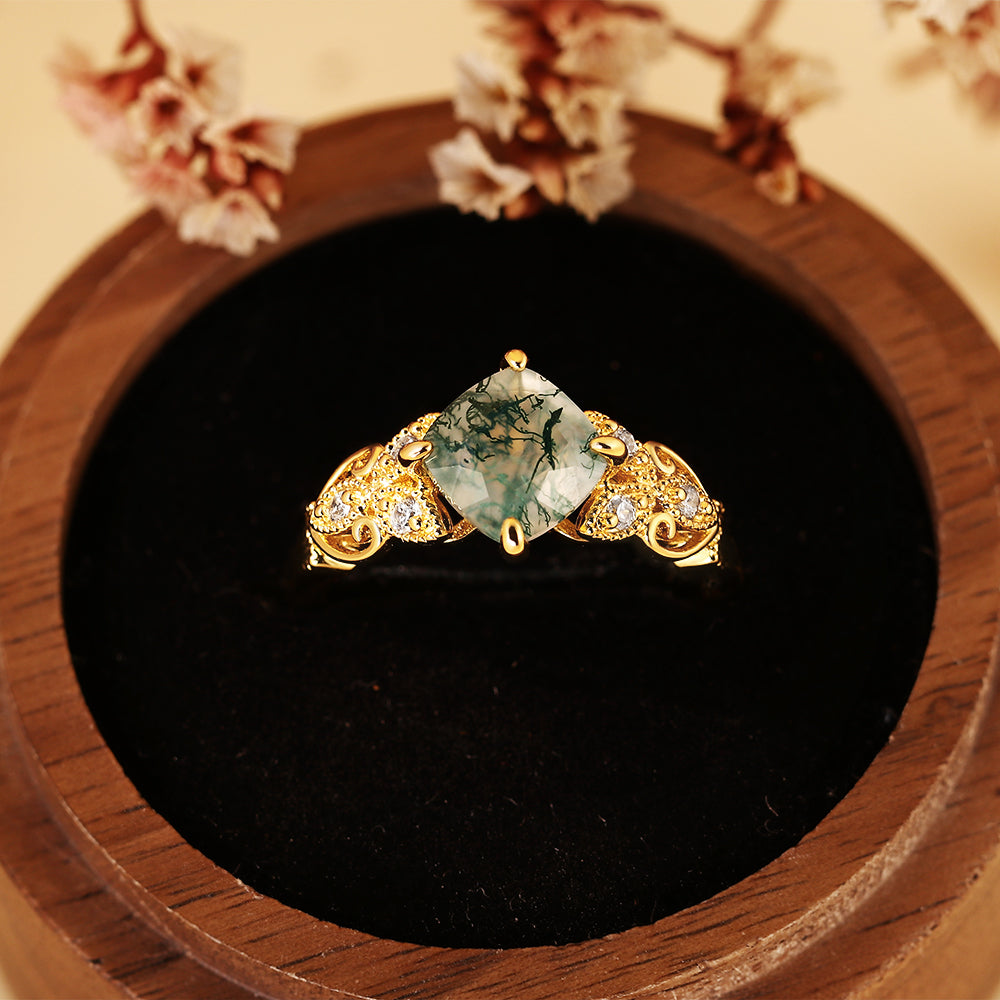 Vintage Inspired Cushion Cut Moss Agate Engagement Ring with Floral Detailing