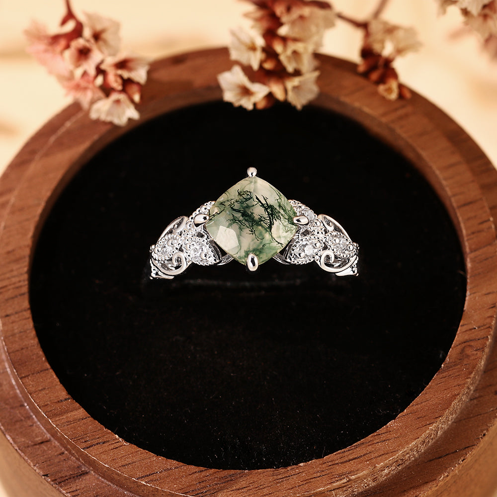Vintage Inspired Cushion Cut Moss Agate Engagement Ring with Floral Detailing