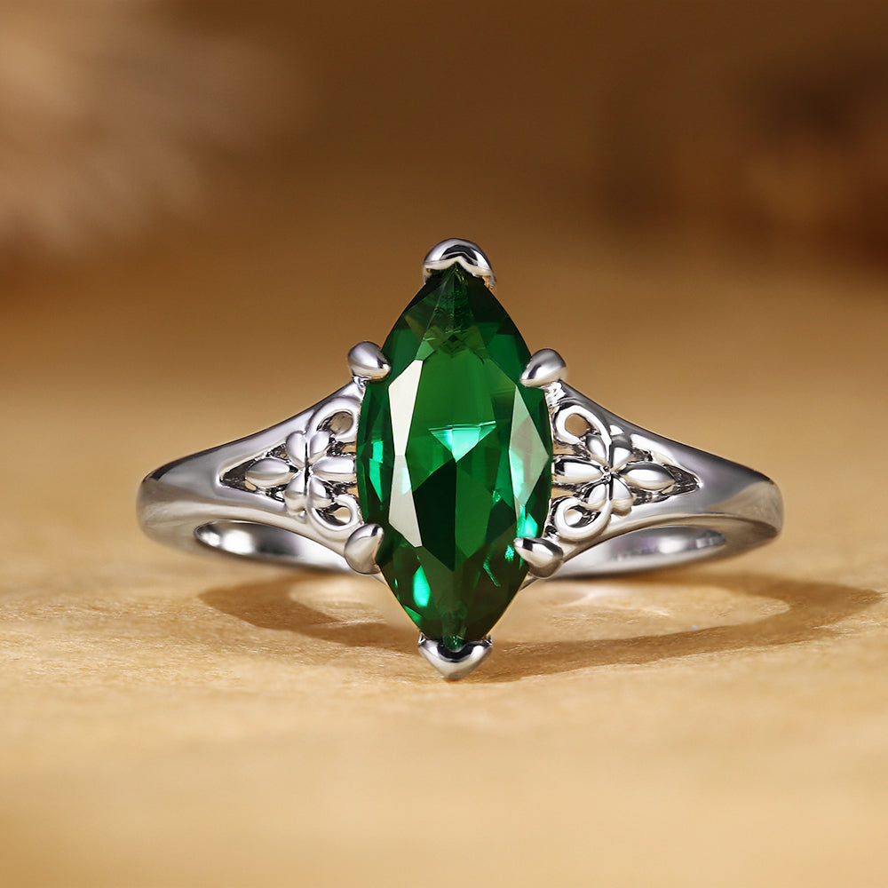 Vintage Marquise Cut Emerald Filigree Engagement Ring