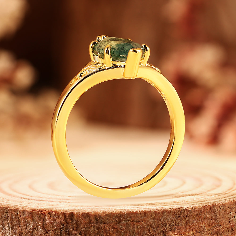 Marquise Cut Moss Agate Vintage Floral Filigree Engagement Ring