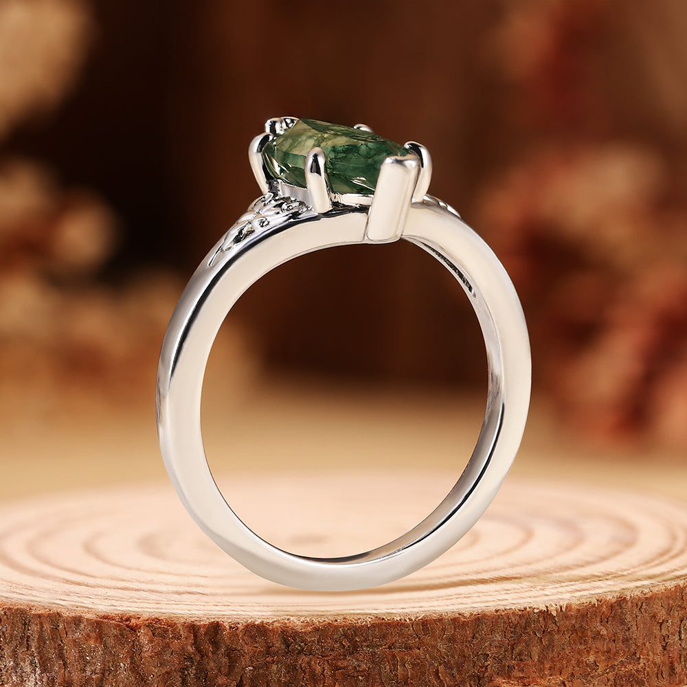 Marquise Cut Moss Agate Vintage Floral Filigree Engagement Ring