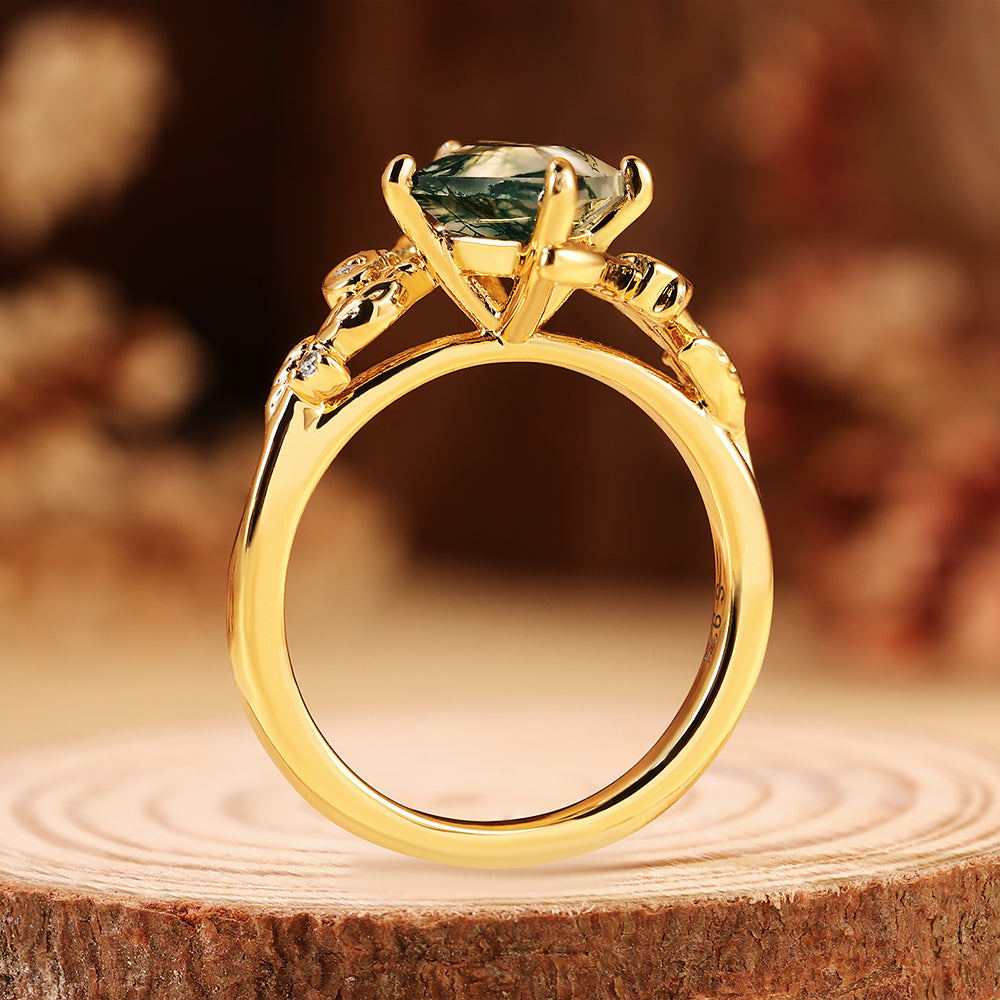 Kite Cut Moss Agate Nature Inspired Leaf Vine Engagement Ring