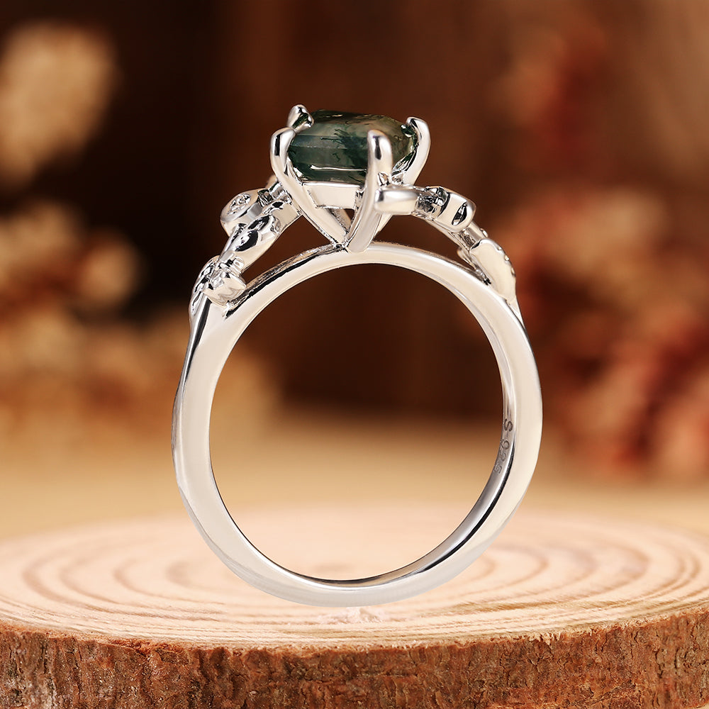 Kite Cut Moss Agate Nature Inspired Leaf Vine Engagement Ring