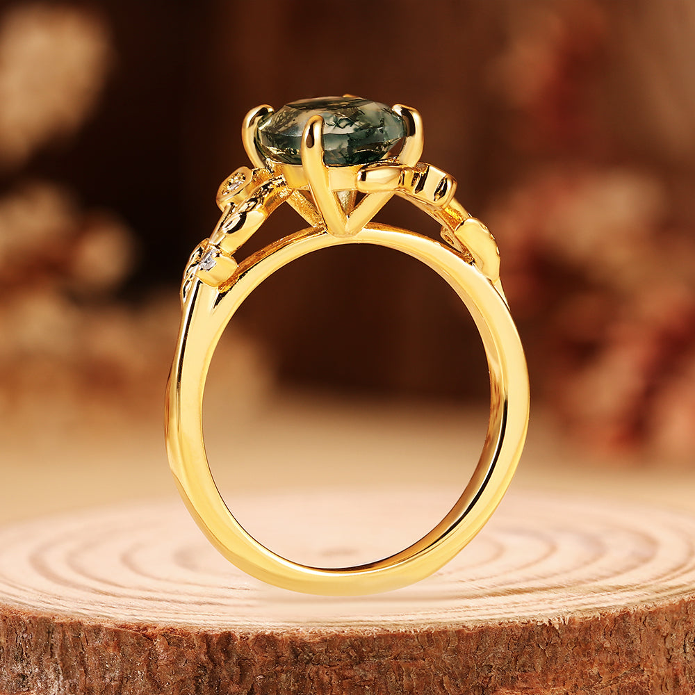 Unique Oval Cut Moss Agate Nature Inspired Leaf Branch Engagement Ring