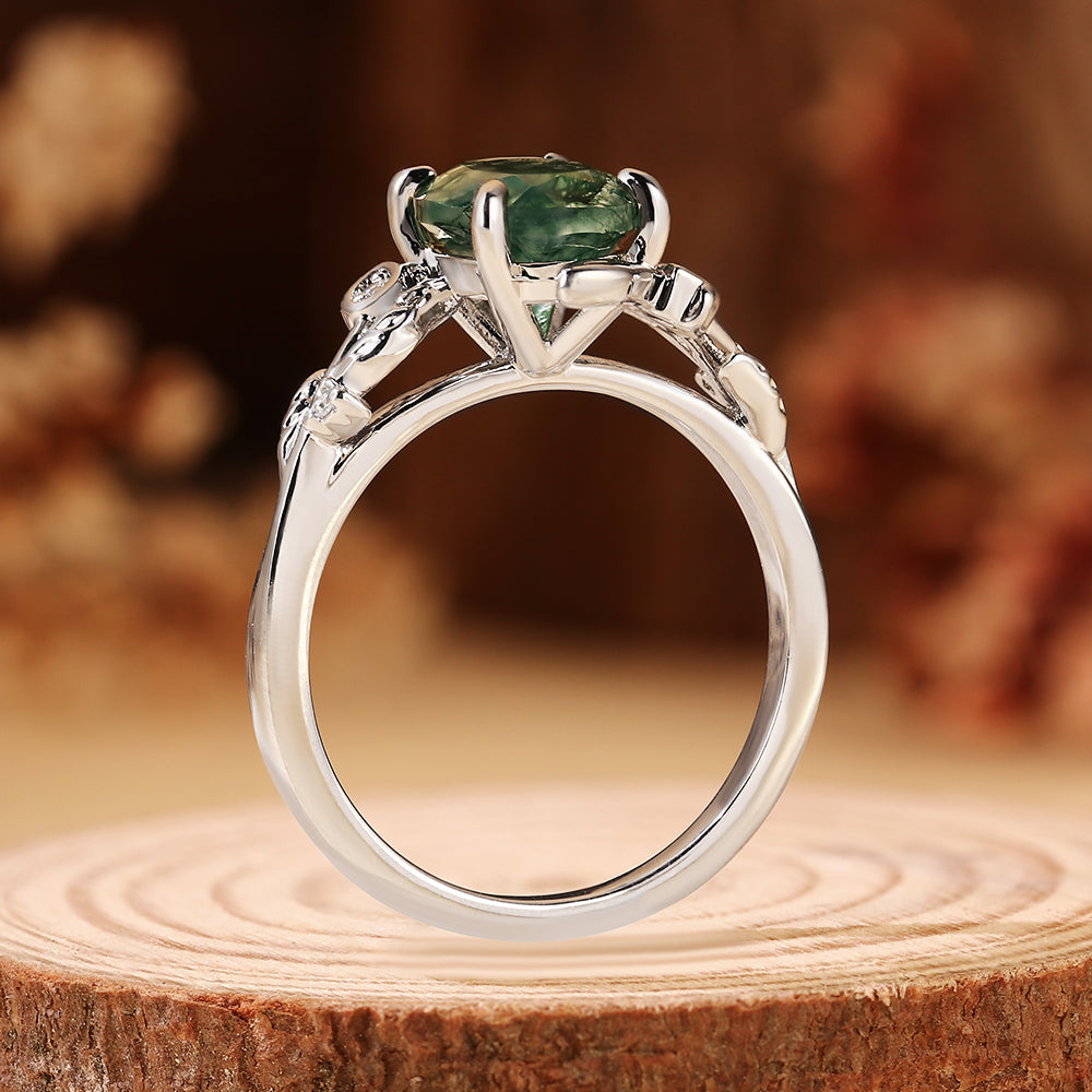 Unique Oval Cut Moss Agate Nature Inspired Leaf Branch Engagement Ring