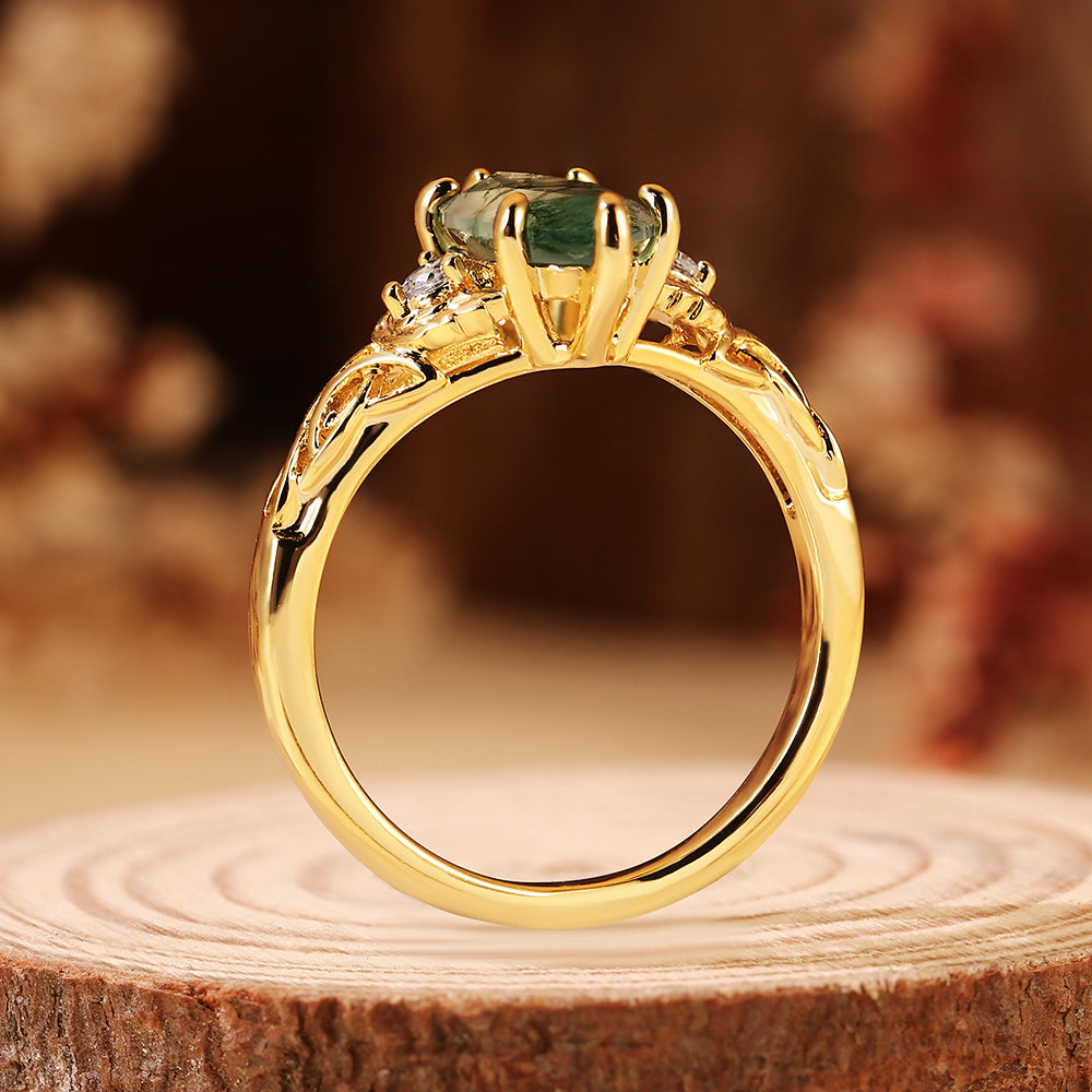 Botanical Marquise Cut Moss Agate Leaves & Celtic Knot Engagement Ring