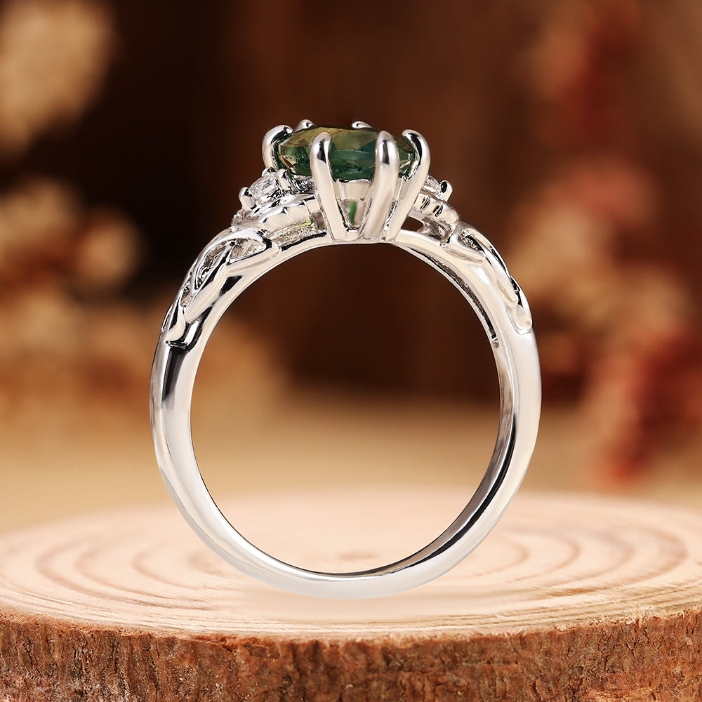 Botanical Marquise Cut Moss Agate Leaves & Celtic Knot Engagement Ring