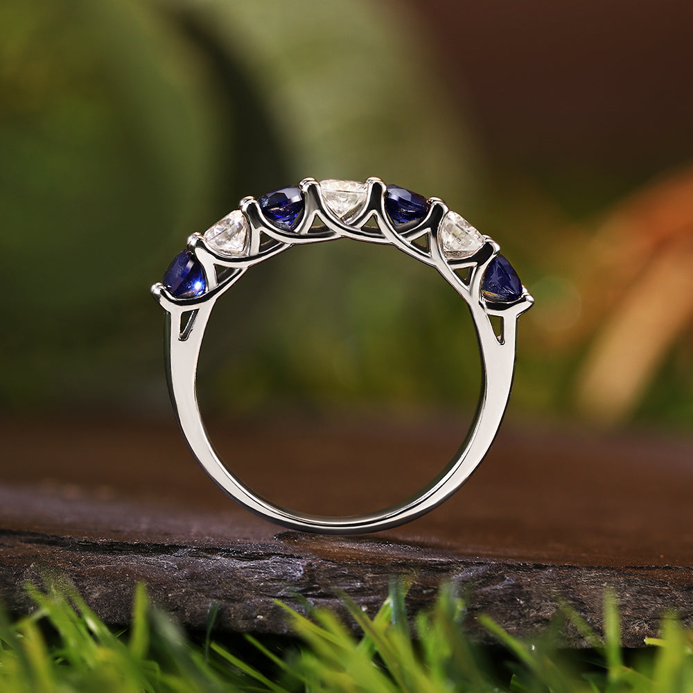 2.96 Ct Round Cut Lab Sapphire with Round Cut Moissanite Alternating Accents Classic Elegant Engagement Ring