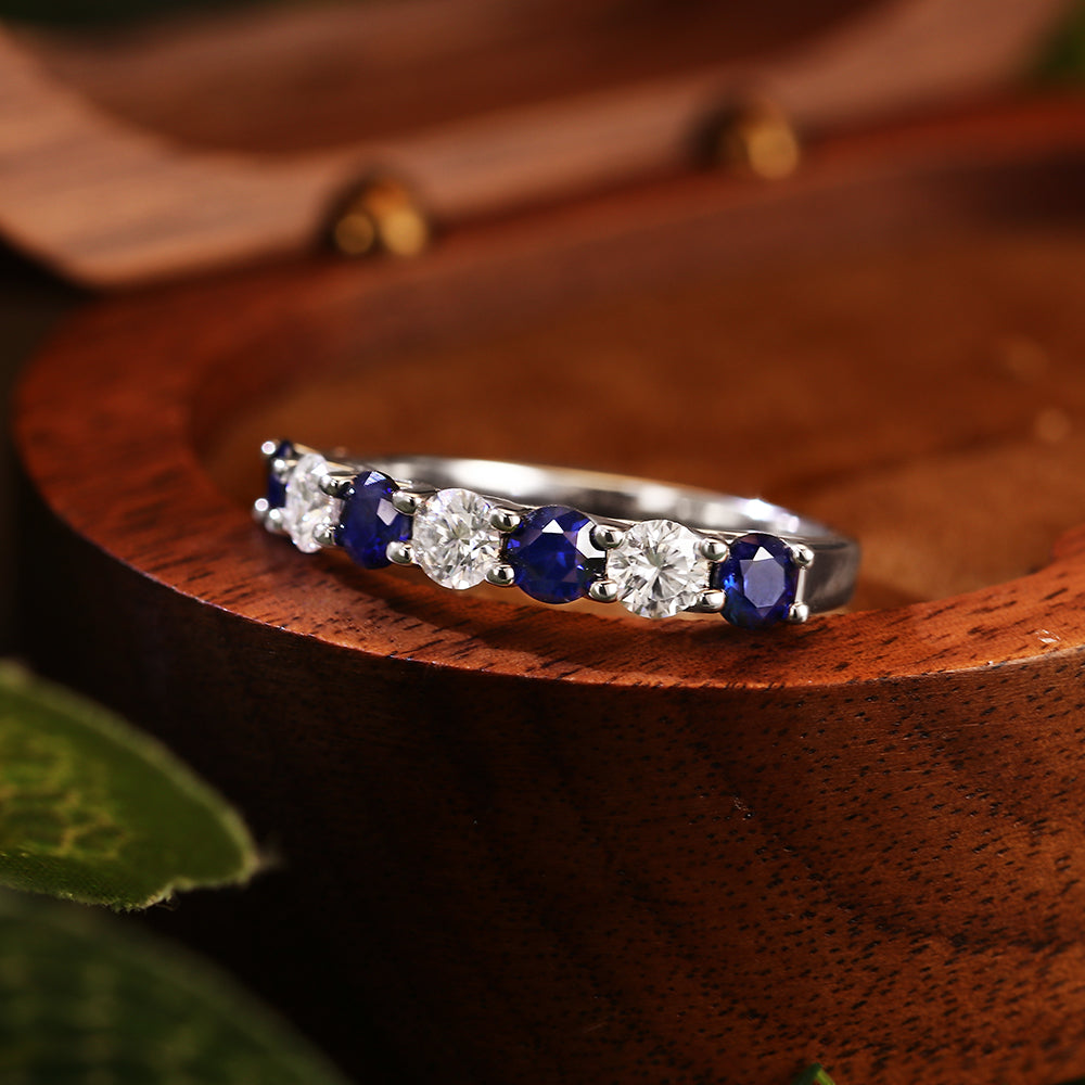 2.96 Ct Round Cut Lab Sapphire with Round Cut Moissanite Alternating Accents Classic Elegant Engagement Ring