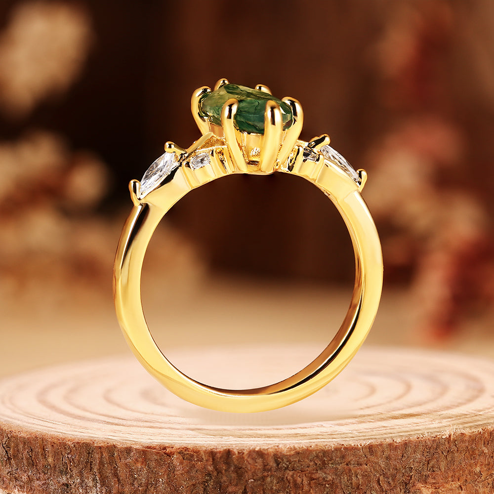 Exquisite Marquise Cut Moss Agate Engagement Ring with Leaf Accents