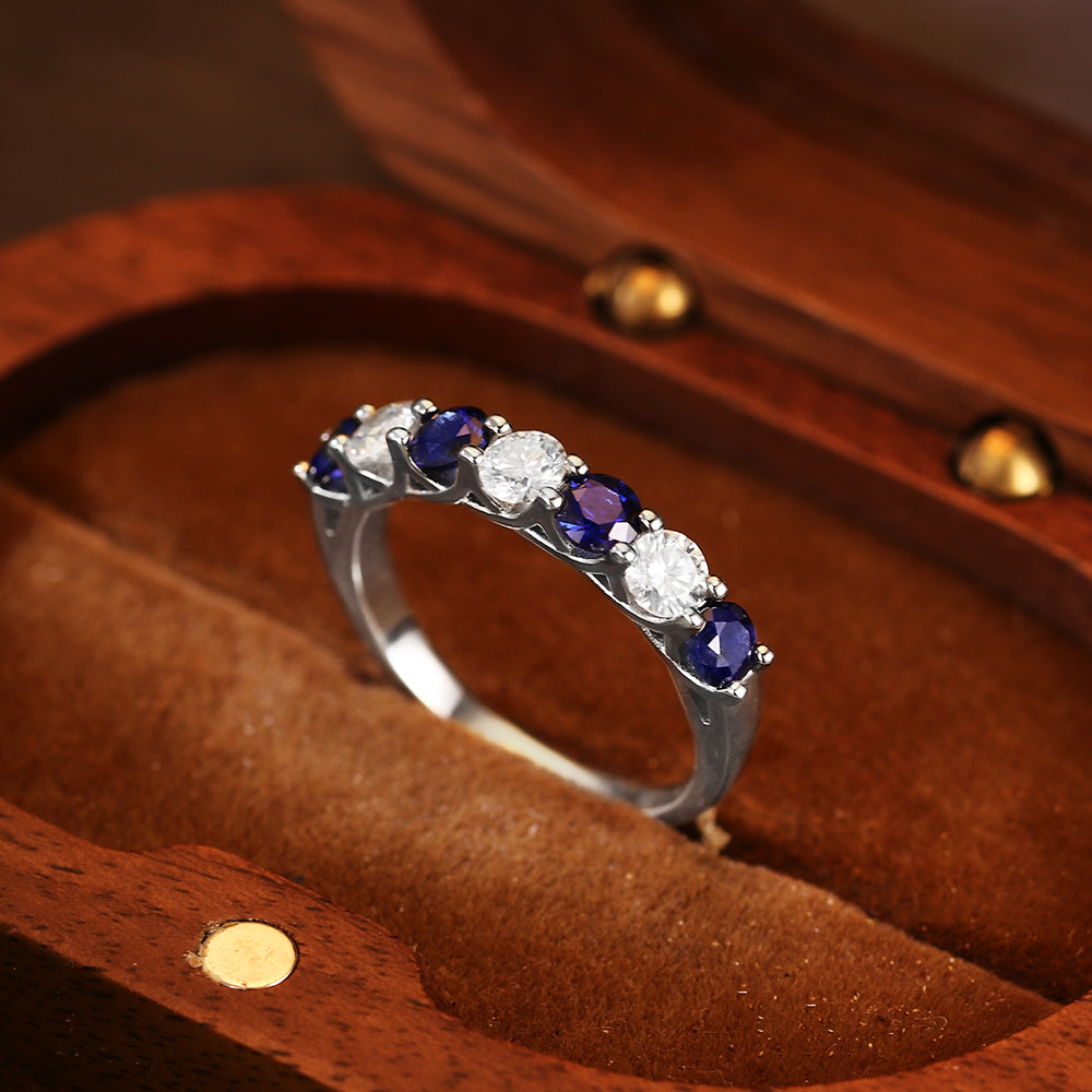 2.96 Ct Round Cut Lab Sapphire with Round Cut Moissanite Alternating Accents Classic Elegant Engagement Ring