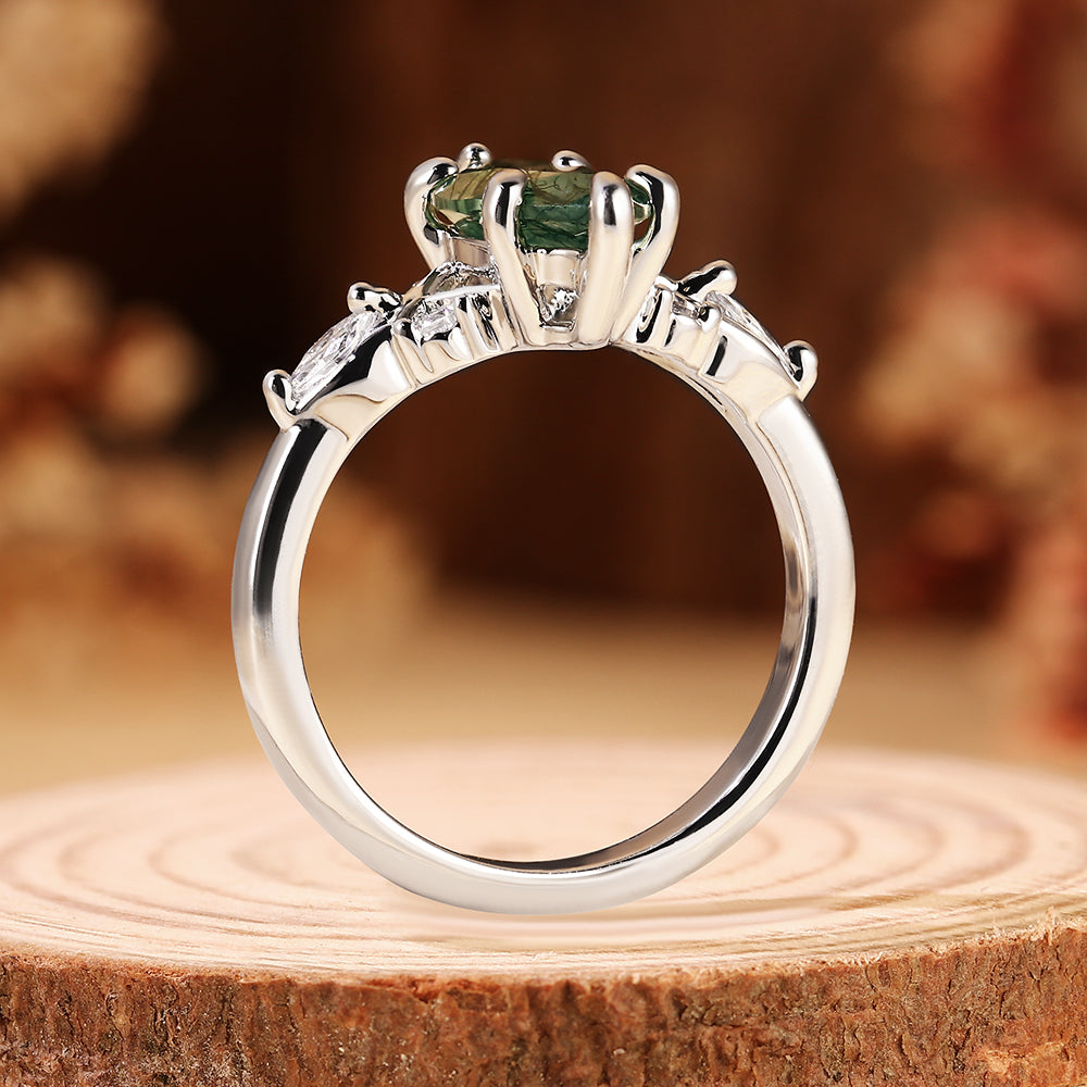 Exquisite Marquise Cut Moss Agate Engagement Ring with Leaf Accents