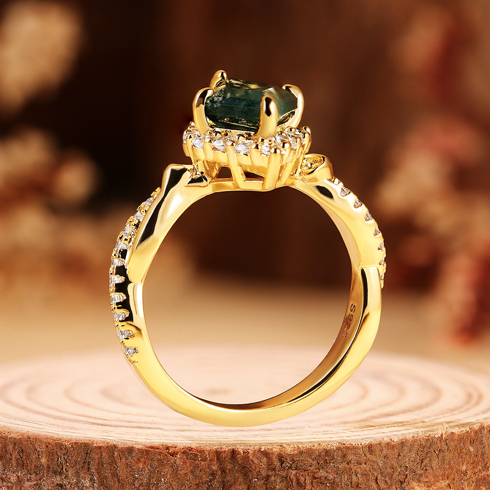 Art Deco Kite Cut Moss Agate Ring with Halo, Unique Engagement Ring