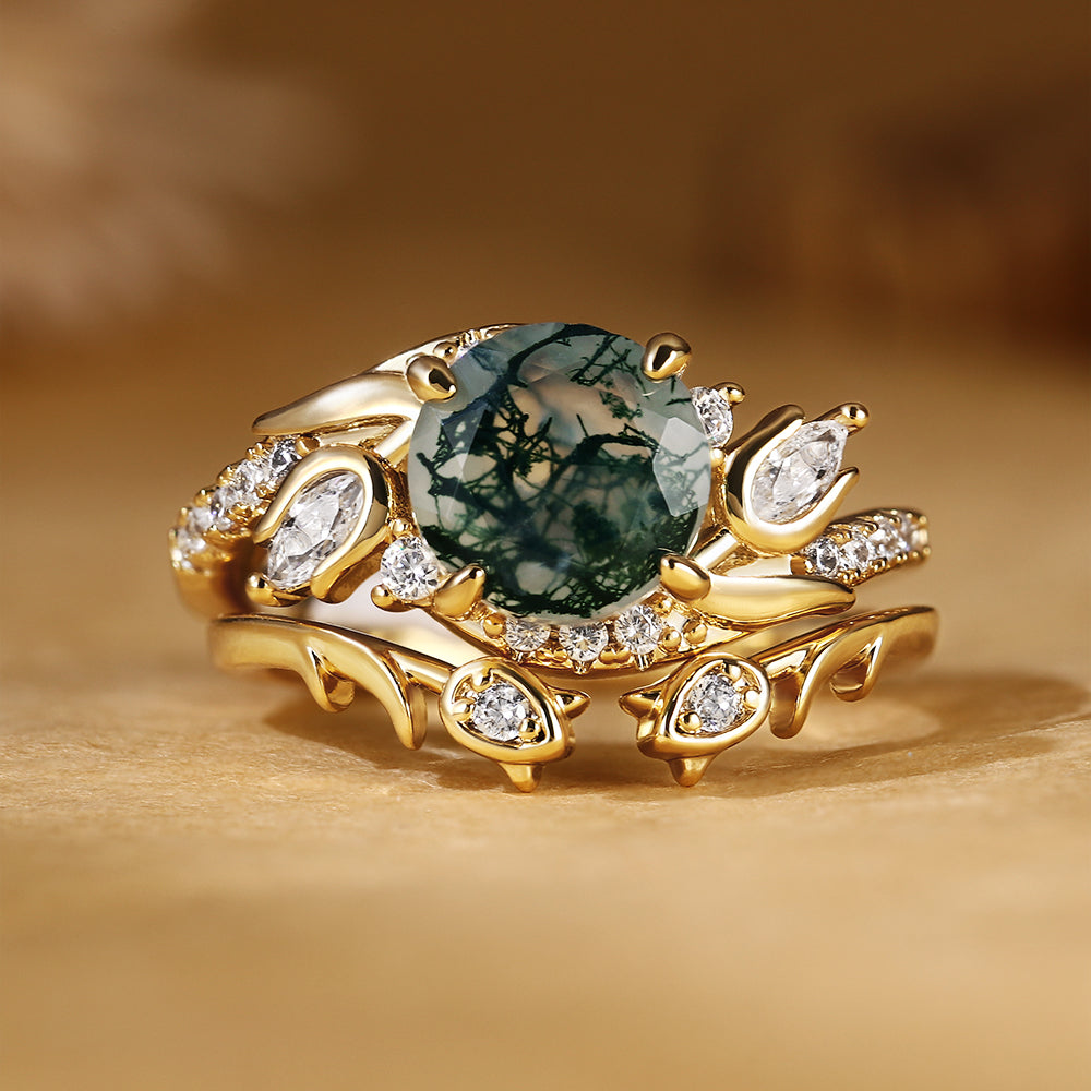 Round Cut Moss Agate Nature Inspired Leaf Cluster Bridal Ring Set