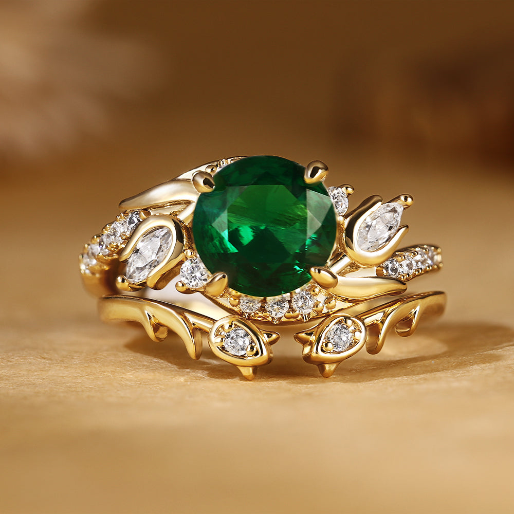 Nature Inspired Leaf & Vine Round Cut Lab Emerald Floral Bridal Ring Set