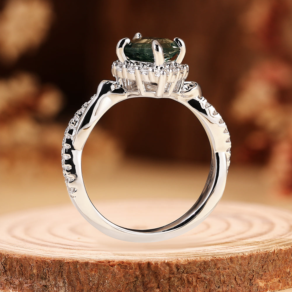 Art Deco Kite Cut Moss Agate Ring with Halo, Unique Engagement Ring