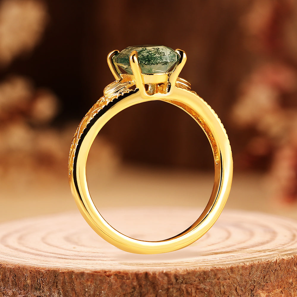 Unique Oval Cut Moss Agate Engagement Ring with Filigree Detail, Romantic Nature Inspired Ring