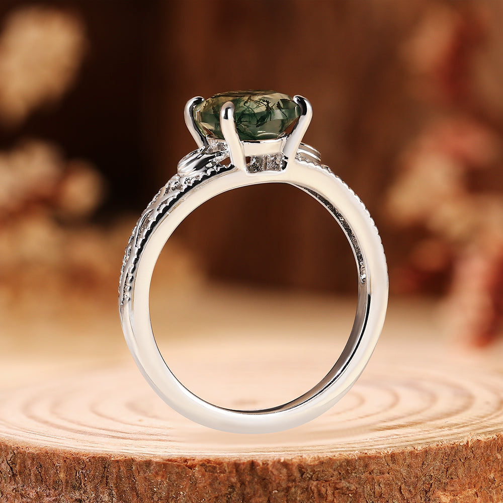 Unique Oval Cut Moss Agate Engagement Ring with Filigree Detail, Romantic Nature Inspired Ring