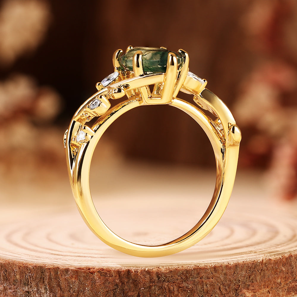 Marquise Cut Moss Agate Engagement Ring, Nature Inspired Leaf Vine Ring