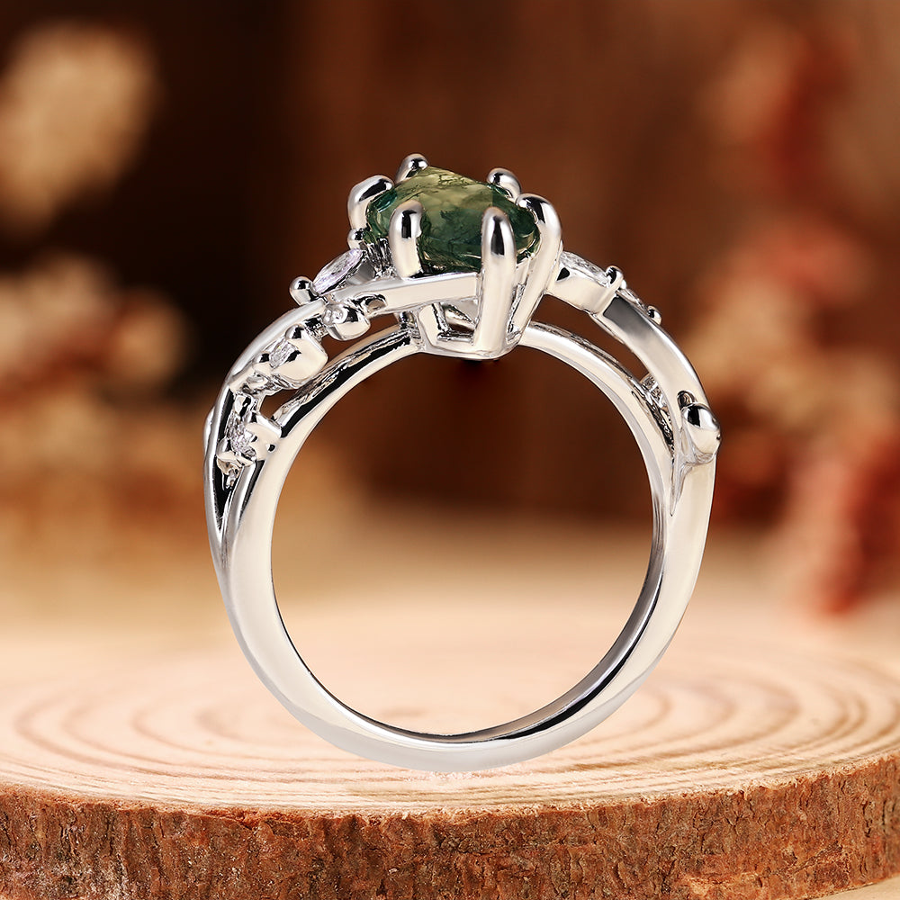 Marquise Cut Moss Agate Engagement Ring, Nature Inspired Leaf Vine Ring