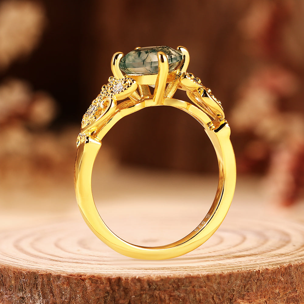 Vintage Inspired Cushion Cut Moss Agate Engagement Ring with Floral Detailing