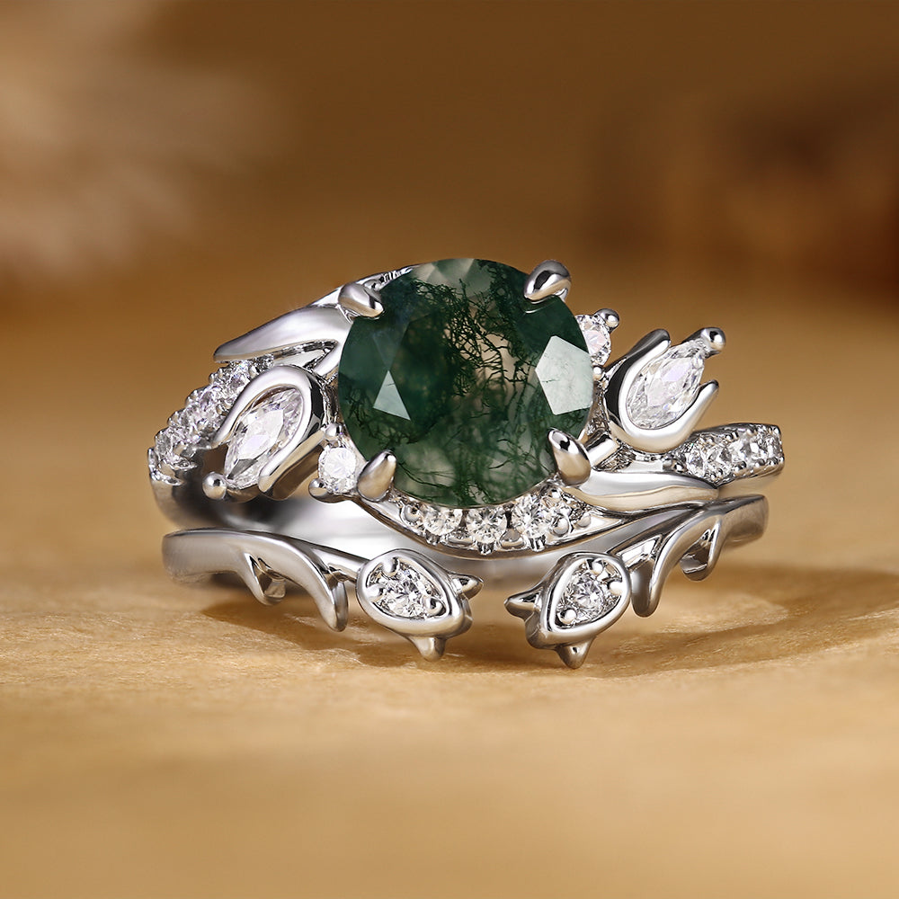 Round Cut Moss Agate Nature Inspired Leaf Cluster Bridal Ring Set