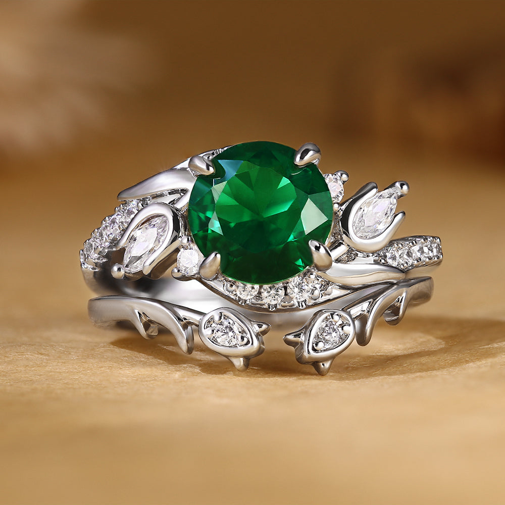 Nature Inspired Leaf & Vine Round Cut Lab Emerald Floral Bridal Ring Set