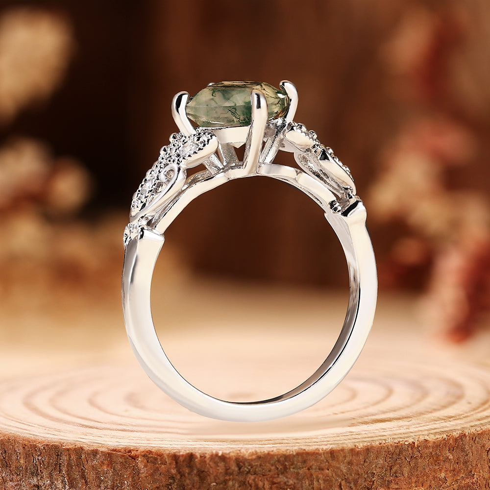 Vintage Inspired Cushion Cut Moss Agate Engagement Ring with Floral Detailing