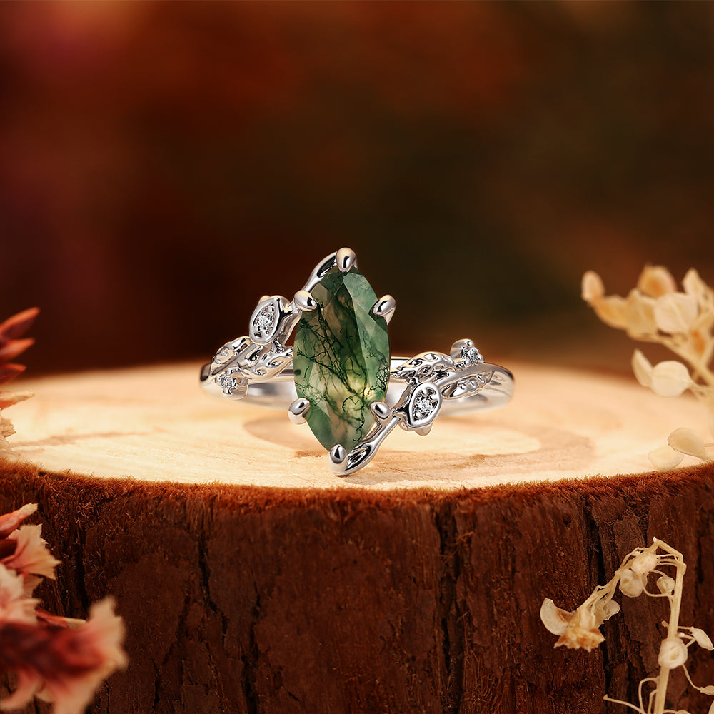 Ethereal Marquise Moss Agate Ring - Vintage Forest Inspired Leaf Design - Unique Anniversary or Promise Gift