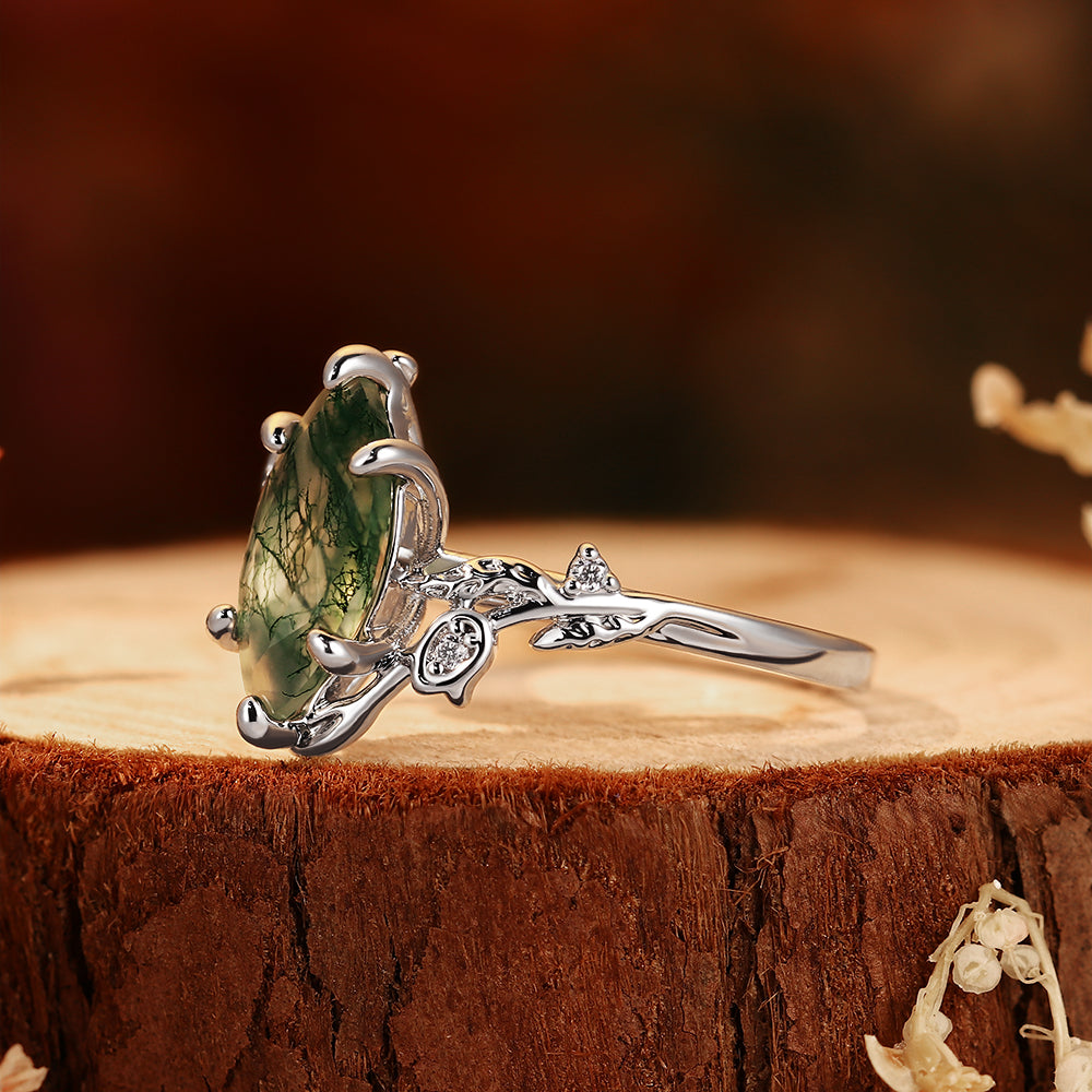 Ethereal Marquise Moss Agate Ring - Vintage Forest Inspired Leaf Design - Unique Anniversary or Promise Gift