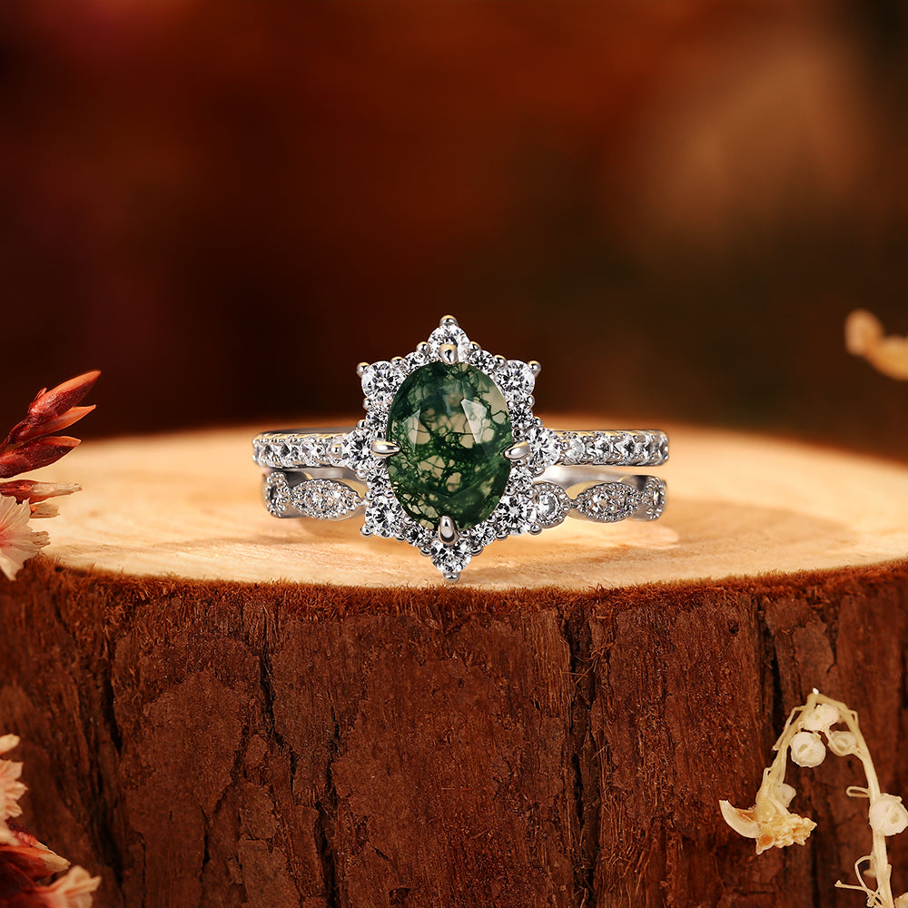 2PCS Oval Moss Agate Bridal Ring Set, Art Deco Starburst Halo Ring, Moissanite Wedding Band