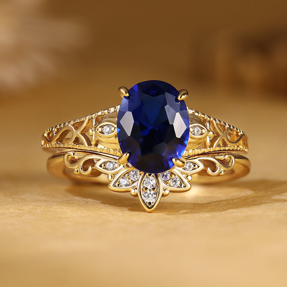 Oval Blue Sapphire Bridal Ring Set with Vintage Filigree Band