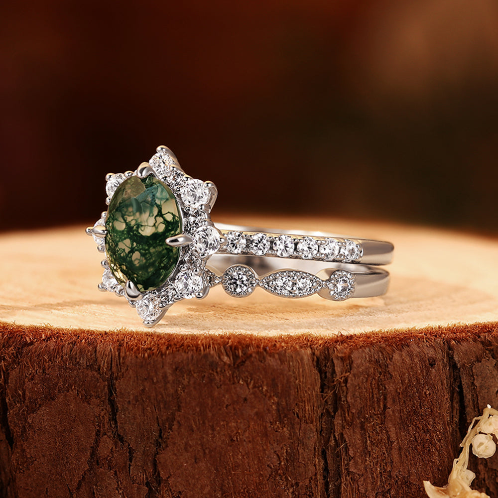 2PCS Oval Moss Agate Bridal Ring Set, Art Deco Starburst Halo Ring, Moissanite Wedding Band