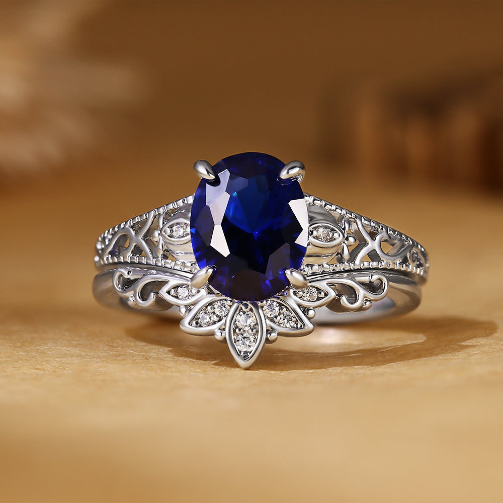 Oval Blue Sapphire Bridal Ring Set with Vintage Filigree Band
