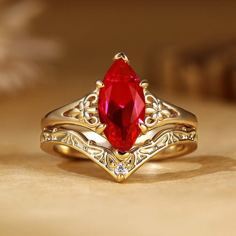 Art Nouveau Floral Marquise Cut Ruby Bridal Ring Set