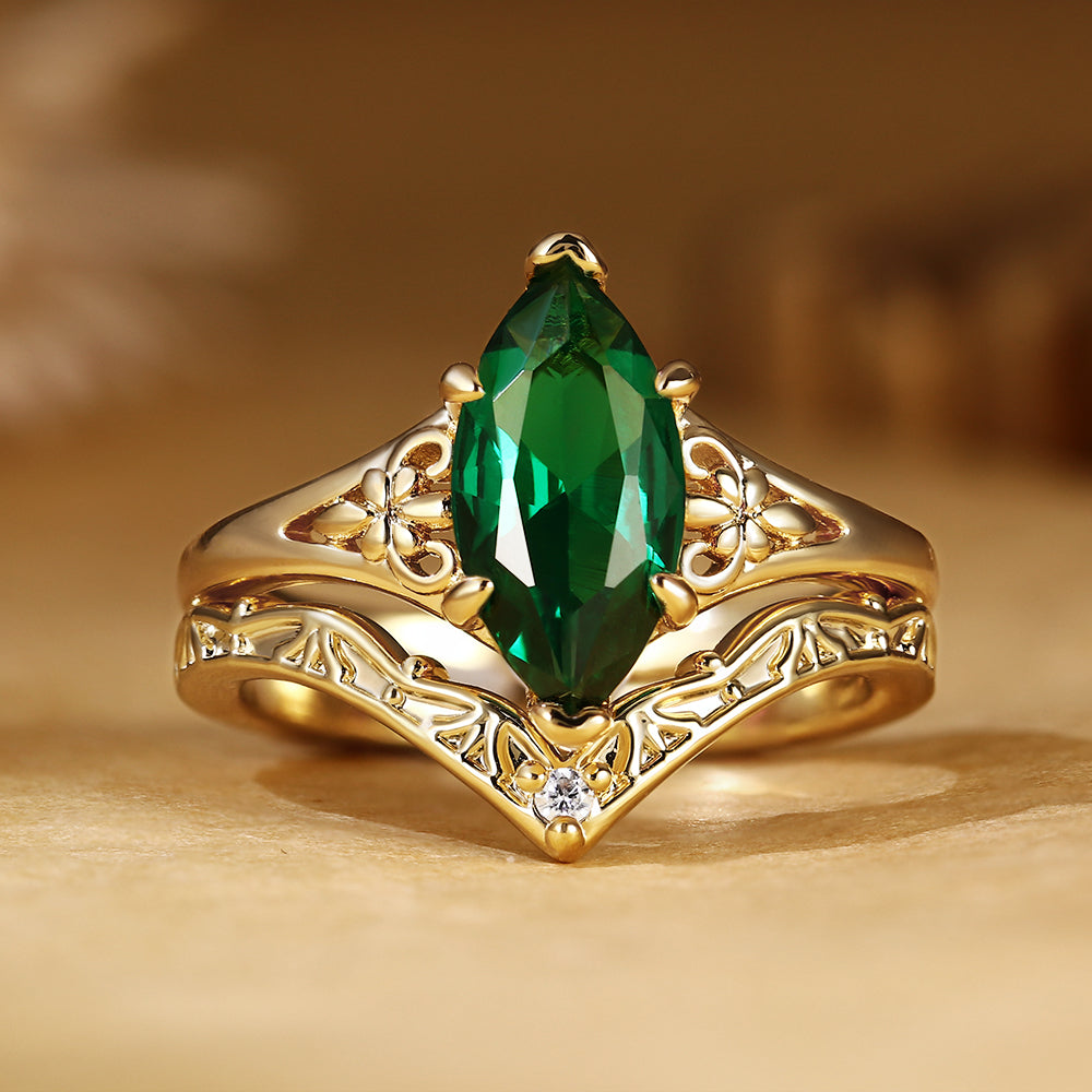 Art Nouveau Floral Marquise Cut Emerald Filigree Bridal Ring Set