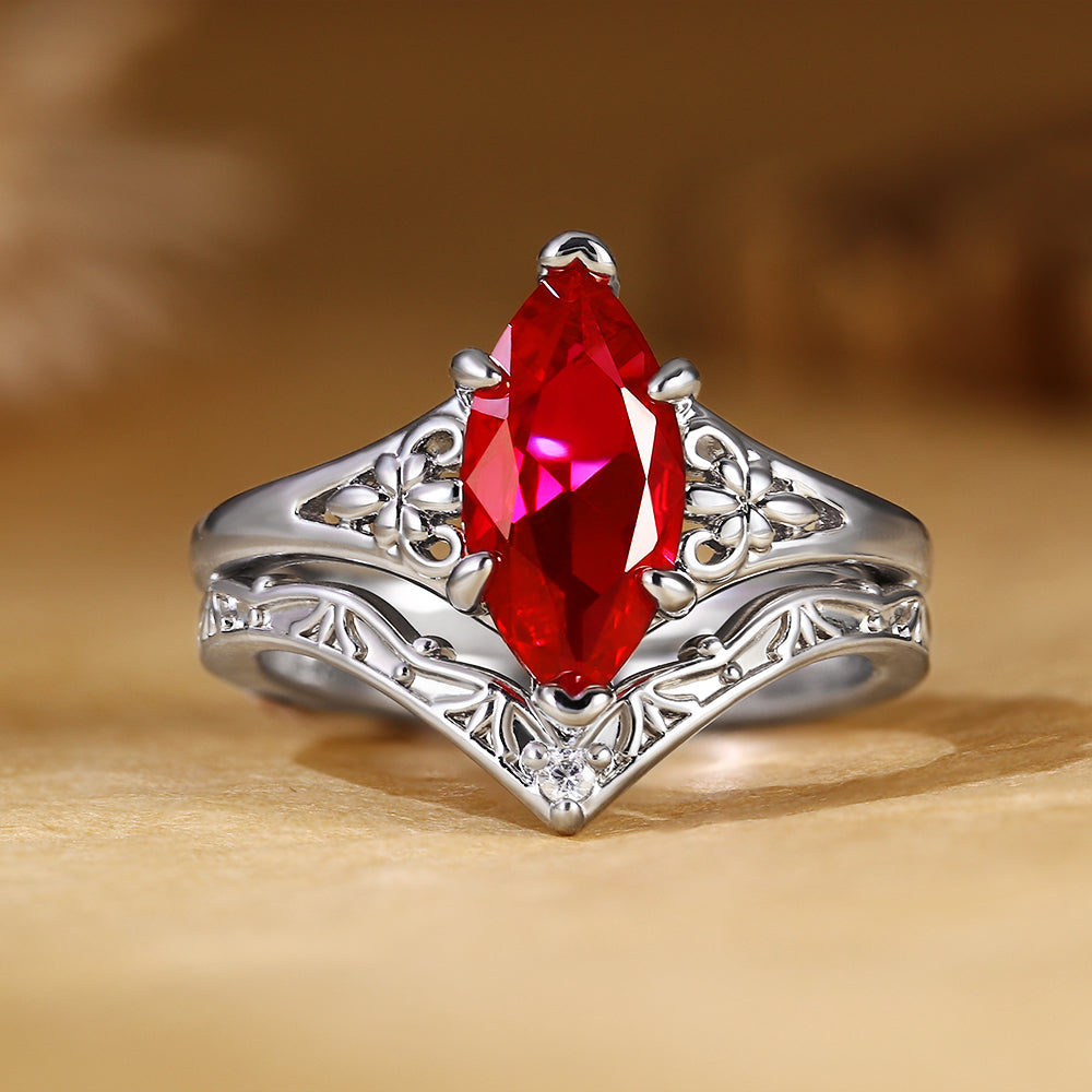 Art Nouveau Floral Marquise Cut Ruby Bridal Ring Set