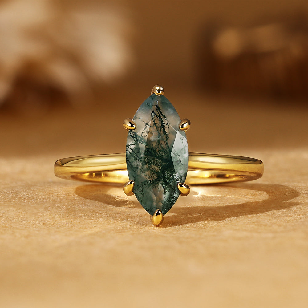 Marquise Cut Moss Agate Unique Nature-Inspired Solitaire Engagement Ring