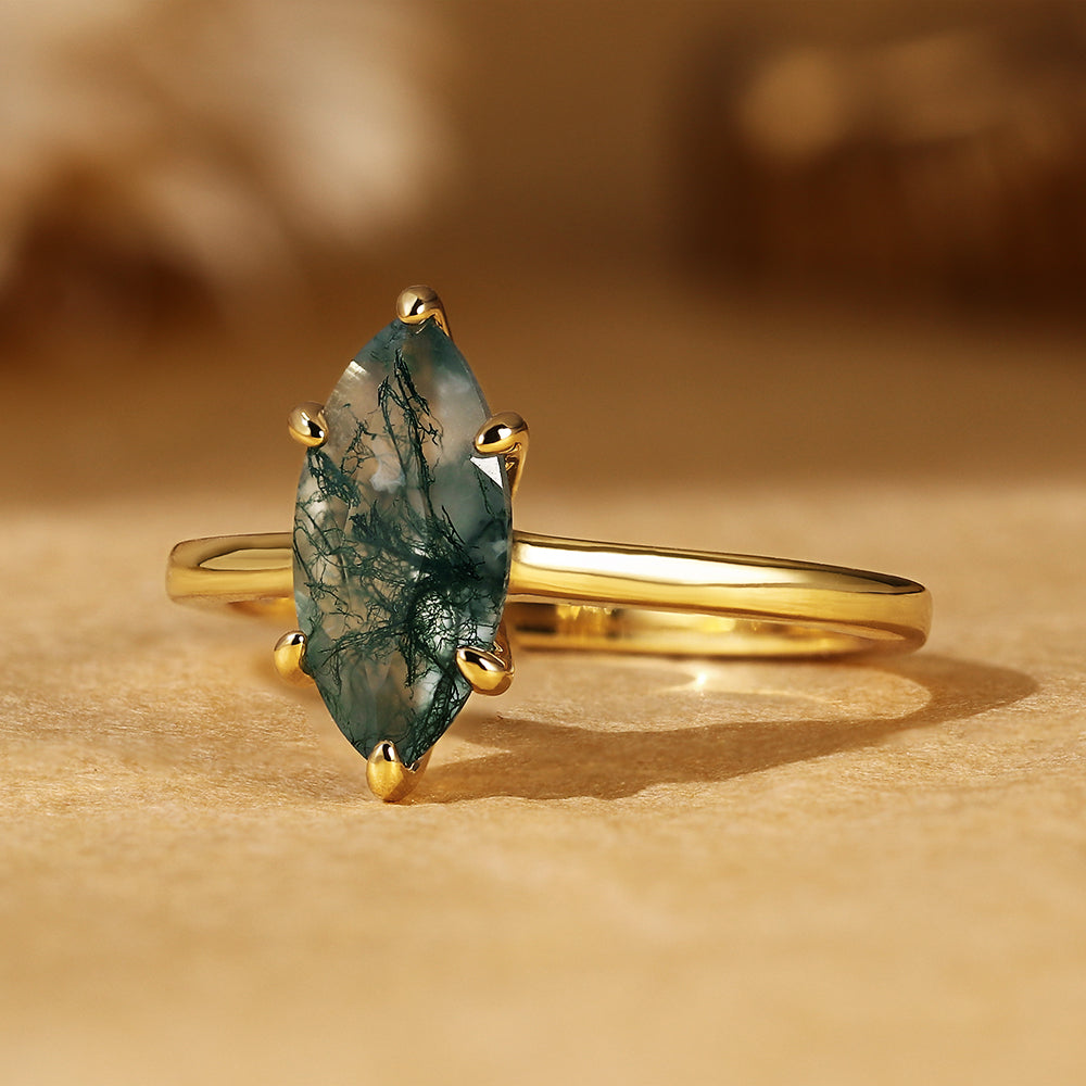 Marquise Cut Moss Agate Unique Nature-Inspired Solitaire Engagement Ring