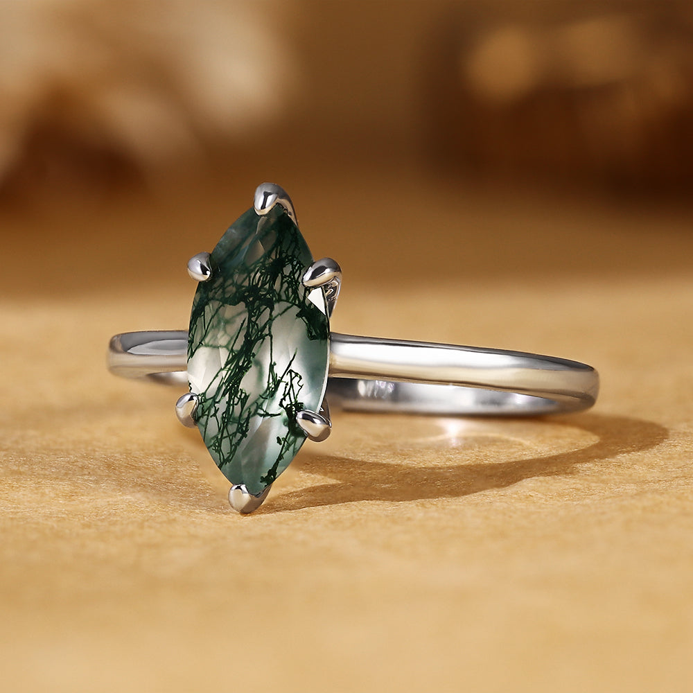 Marquise Cut Moss Agate Unique Nature-Inspired Solitaire Engagement Ring