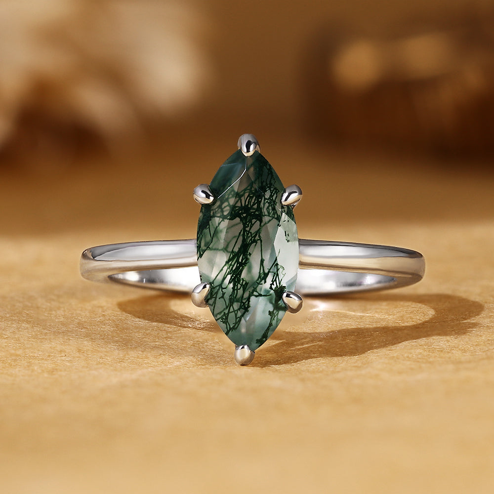 Marquise Cut Moss Agate Unique Nature-Inspired Solitaire Engagement Ring